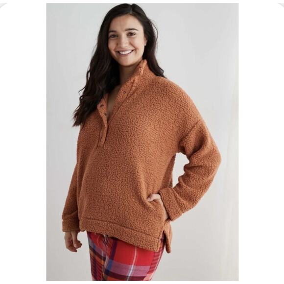 Aerie Orange Brown Cloud Sherpa Snap Jacket - Small - Picture 1 of 9